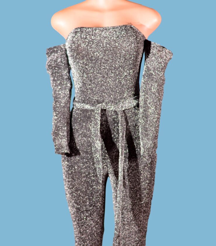 Bodycon Jumpsuit in Silver Glitter Strapless Style