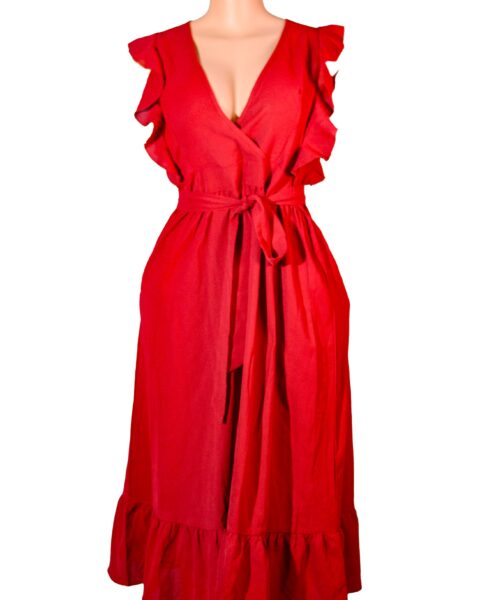 Sleeveless Women's Red Ruffle Hem Tie Front Dress