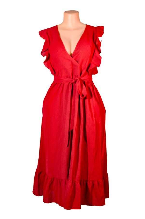 Sleeveless Women's Red Ruffle Hem Tie Front Dress