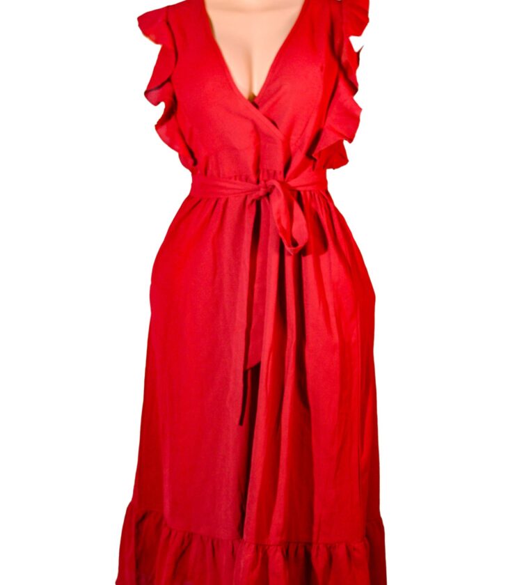 Sleeveless Women’s Red Ruffle Hem Tie Front Dress 