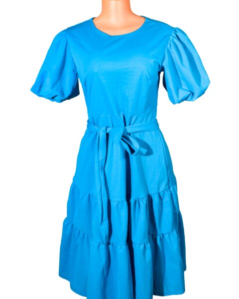 Dress With a Simple Round Neck, Tiered Midi Length With Tie Belt Heavy spandex material. Suitable for all occasions