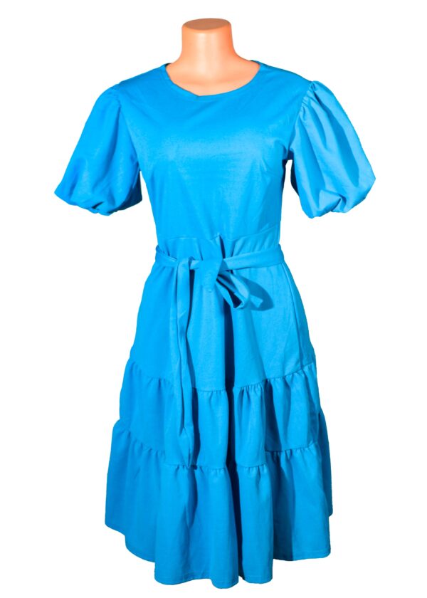 Dress With a Simple Round Neck, Tiered Midi Length With Tie Belt Heavy spandex material. Suitable for all occasions