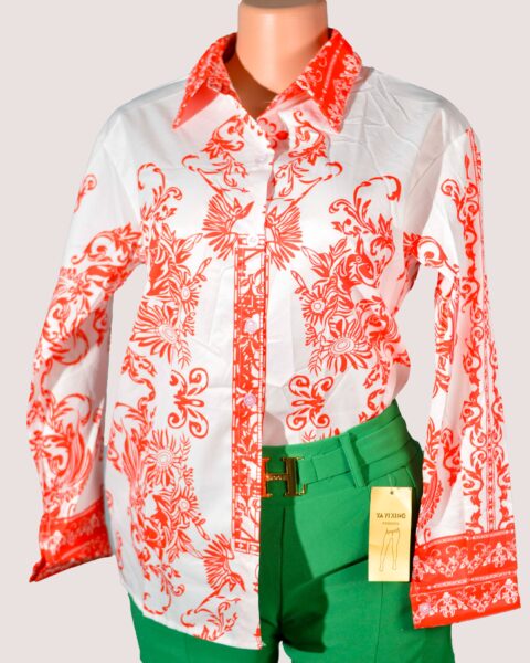 Button Front Shirt with Mulvari Floral Print Non-stretch casual floral long sleeve shirt in red and white with a collar
