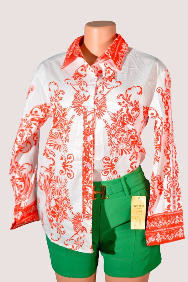 Button Front Shirt with Mulvari Floral Print Non-stretch casual floral long sleeve shirt in red and white with a collar