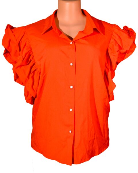 Front Button Shirt with Ruffle Trim Two steps arm Orange blouse