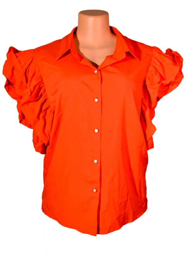 Front Button Shirt with Ruffle Trim Two steps arm Orange blouse