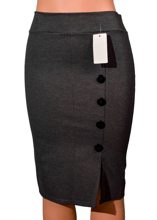 Pencil Skirt Stretchy, heavy nylon fabric. Left leg slit. Has black  buttons aligned.