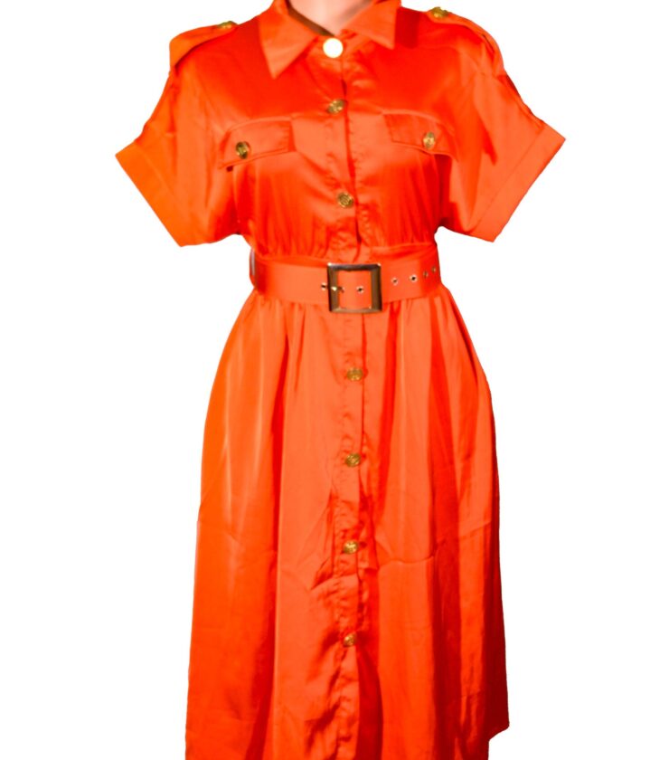 Orange Belted Shift Shirtdress Made of Cotton Poplin