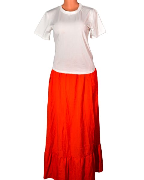 Women's Maxi Skirt Nylon, stretchy fabric top. The skirt is belted with two belt holes. Flair shaped skirt.