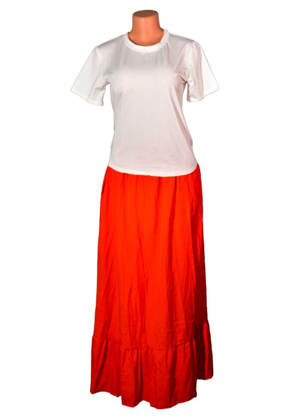 Women's Maxi Skirt Nylon, stretchy fabric top. The skirt is belted with two belt holes. Flair shaped skirt.