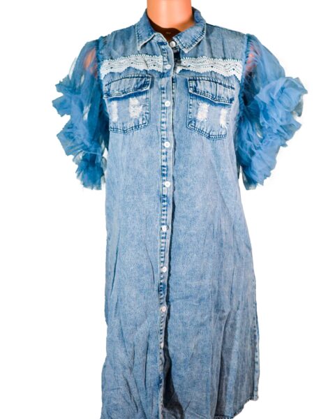 Ladies' Flowered, Elegantly Ruffled Vest Garment; Women's Net Patchwork Sleeveless Denim Garment Denim dress  with lace arms