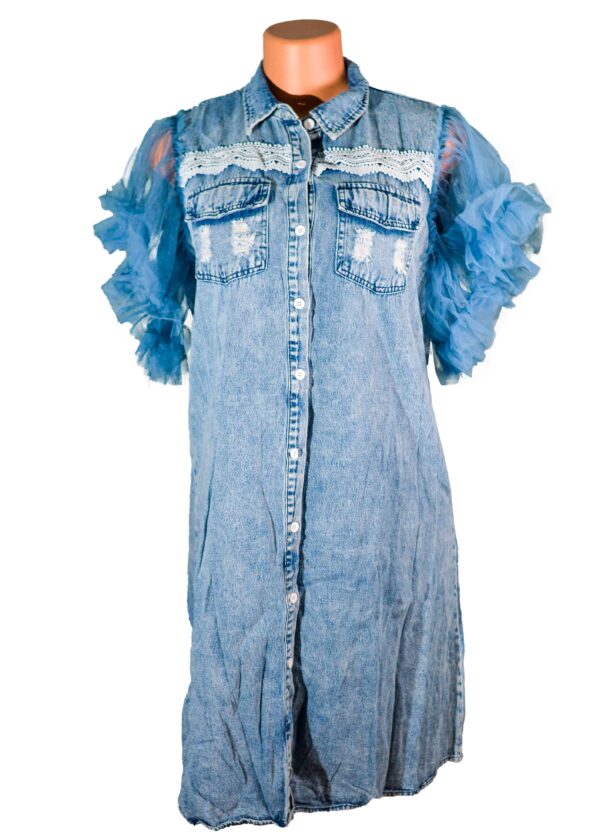 Ladies' Flowered, Elegantly Ruffled Vest Garment; Women's Net Patchwork Sleeveless Denim Garment Denim dress  with lace arms