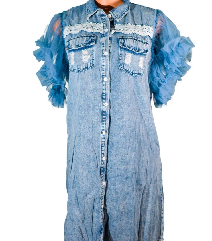 Ladies’ Flowered, Elegantly Ruffled Vest Garment; Women’s Net Patchwork Sleeveless Denim Garment