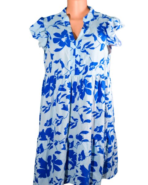 Split Neck Flutter Sleeve Midi Dress With Blue Floral Print Blue floral dress three tier
