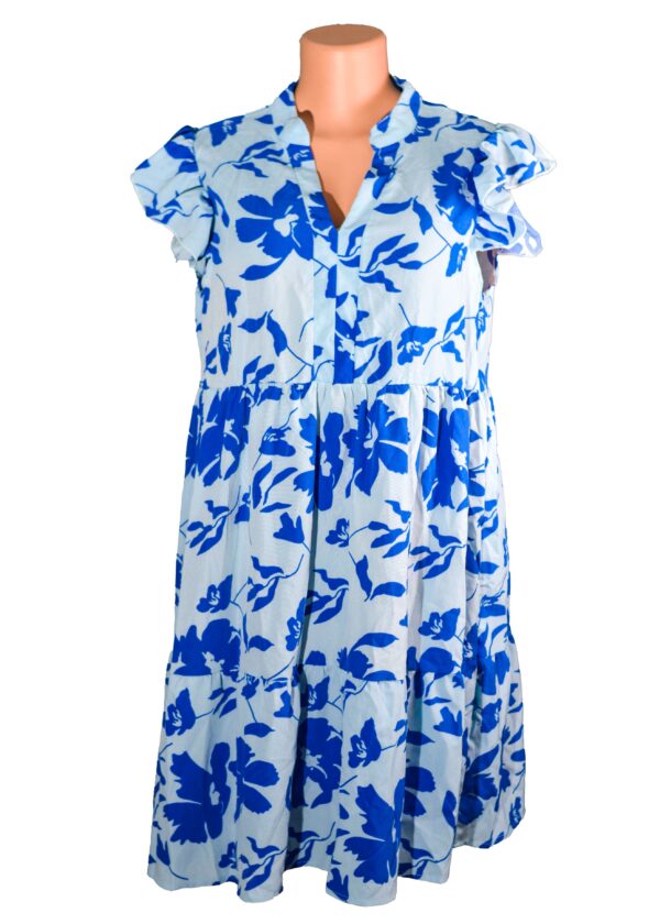 Split Neck Flutter Sleeve Midi Dress With Blue Floral Print Blue floral dress three tier