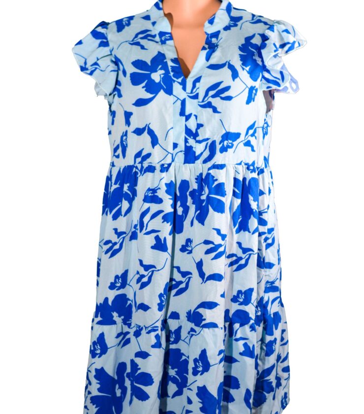 Split Neck Flutter Sleeve Midi Dress With Blue Floral Print