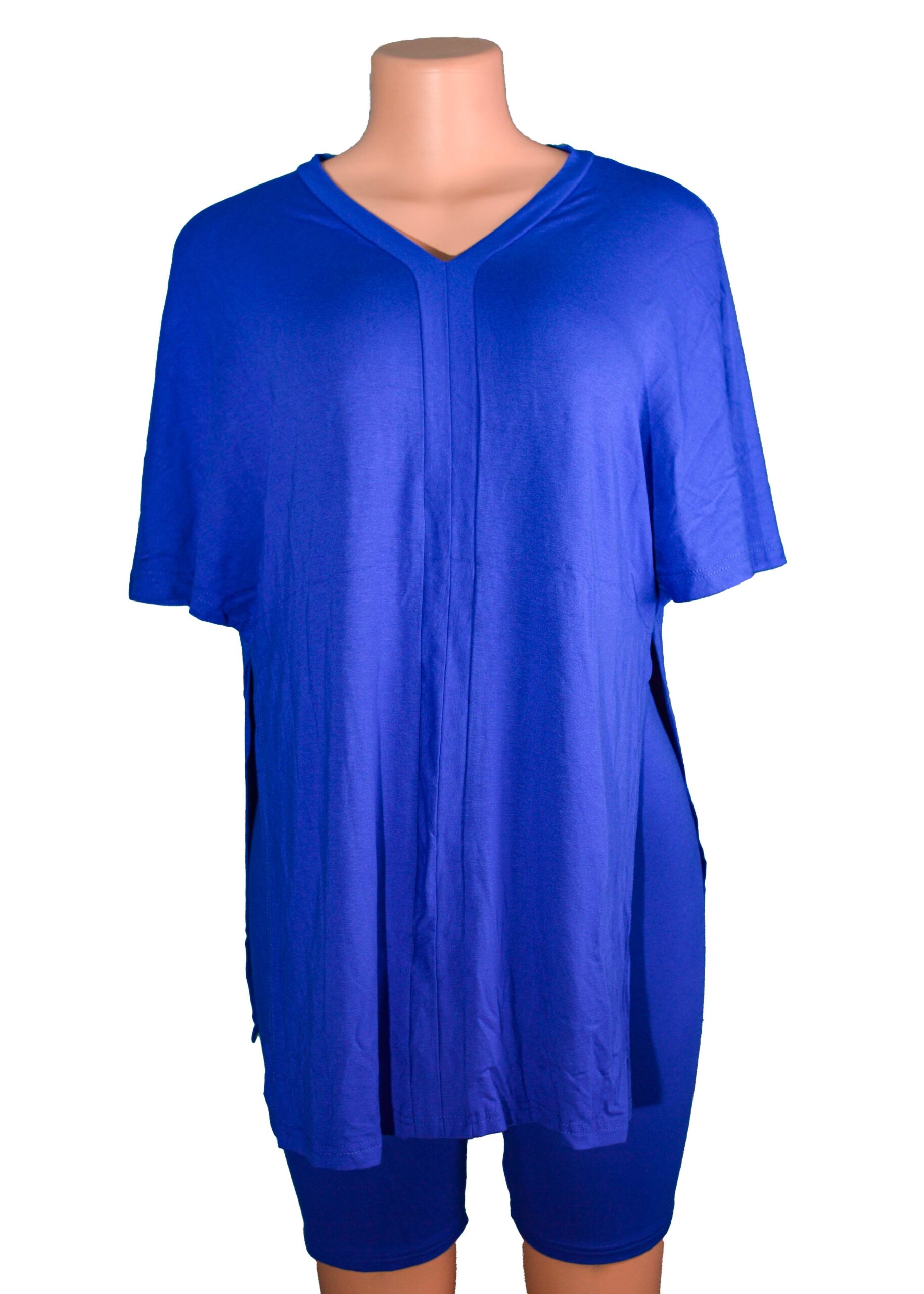 Ladies Two-piece Matching Lounge Suits: Loose V-neck, Belly Hide, Long line Tee Top, and Biker Shorts Flowy Chemise Sleepwear