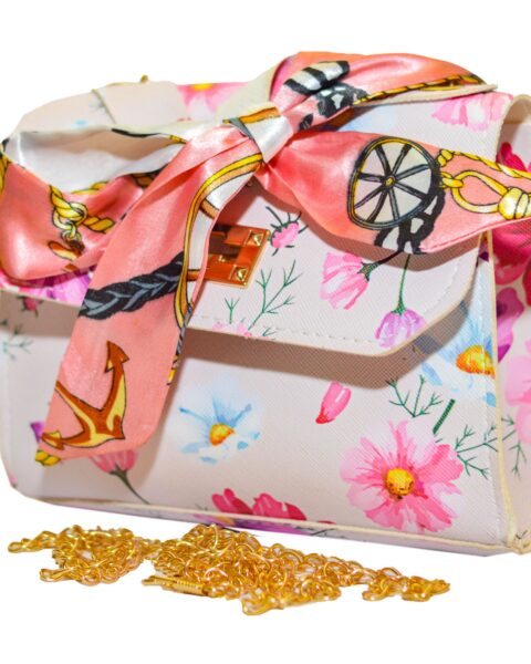 Leather handbag with flowery embossed chain and silk scarf attachment Handbag made of multicolored leather with a scarf and flowers