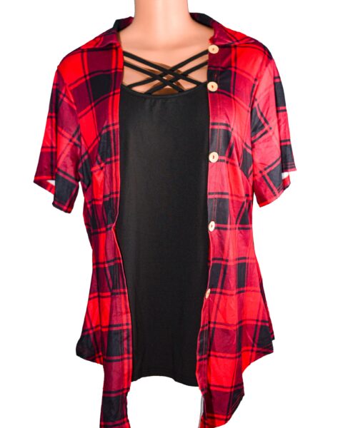 Women's Plus Size Two-Piece Sets Of Casual Outfits With a Plaid Turn-Down Collar, Short Sleeves, Medium Stretch t-Shirt, And Crisscross Cami Top With buttons on one side Lycra top