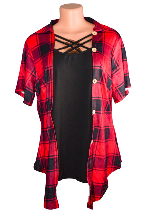 Women's Plus Size Two-Piece Sets Of Casual Outfits With a Plaid Turn-Down Collar, Short Sleeves, Medium Stretch t-Shirt, And Crisscross Cami Top With buttons on one side Lycra top