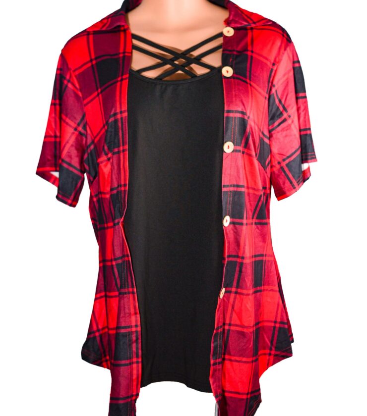 Women’s Plus Size Two-Piece Sets Of Casual Outfits With a Plaid Turn-Down Collar, Short Sleeves, Medium Stretch t-Shirt, And Crisscross Cami Top