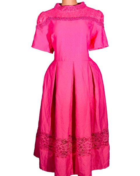 Women's Solid Dresses Puff Sleeves With a High Neck Pleated, beaded neck and lace around the shoulders and below
