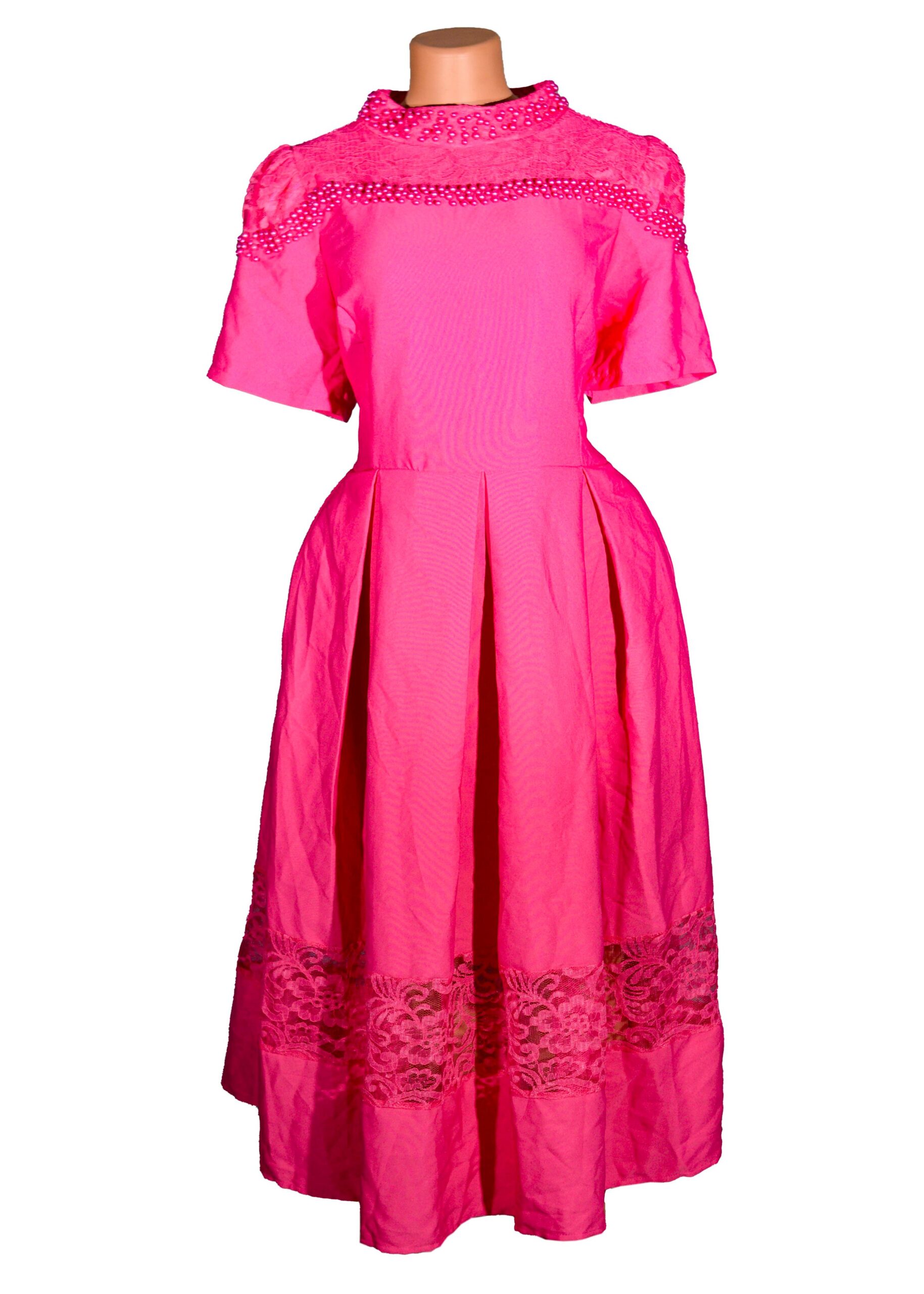 Women's Solid Dresses Puff Sleeves With a High Neck Pleated, beaded neck and lace around the shoulders and below
