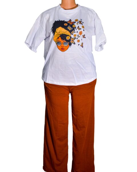 Ladies Afro Butterflies Magical T-Shirt, Short Sleeve Top, Trouser Set Spandex trousers material. comes in different colors 