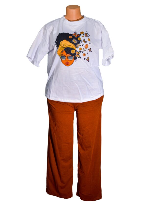 Ladies Afro Butterflies Magical T-Shirt, Short Sleeve Top, Trouser Set Spandex trousers material. comes in different colors 