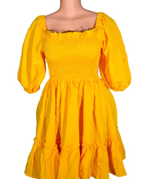 Female High Waist Solid Midi Dresses with a Square Collar and Puff Sleeves Convertible back Summer wear