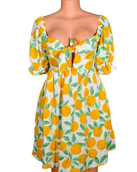 Knot Front Puff Sleeve Dress with Fruit Print Vacation wear. Convertible front