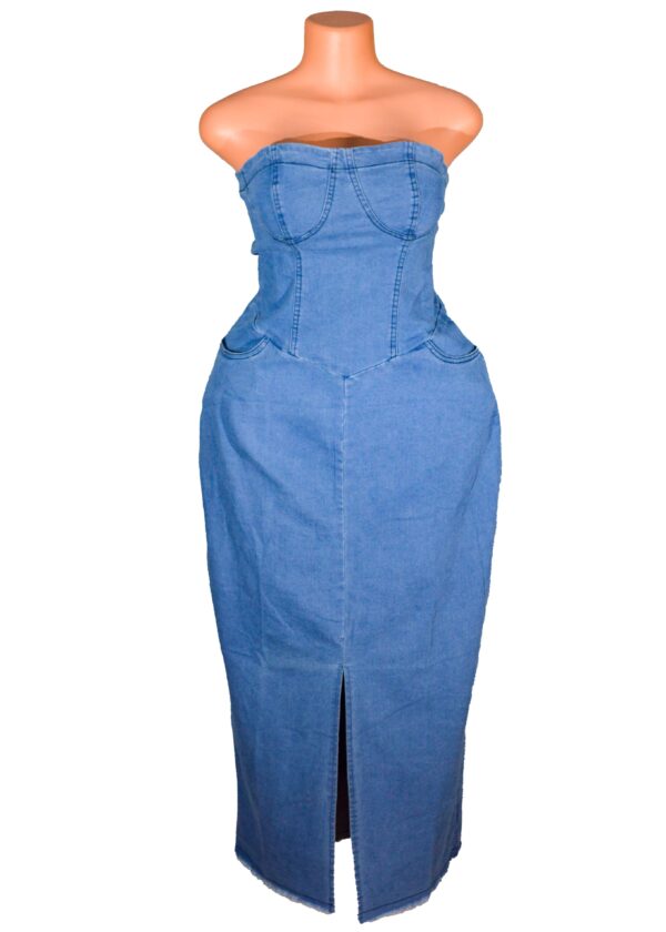 Front Split Back Sleeveless Sexy Midi Dresses With Pockets and Tie In The Back Denim dress with laced back